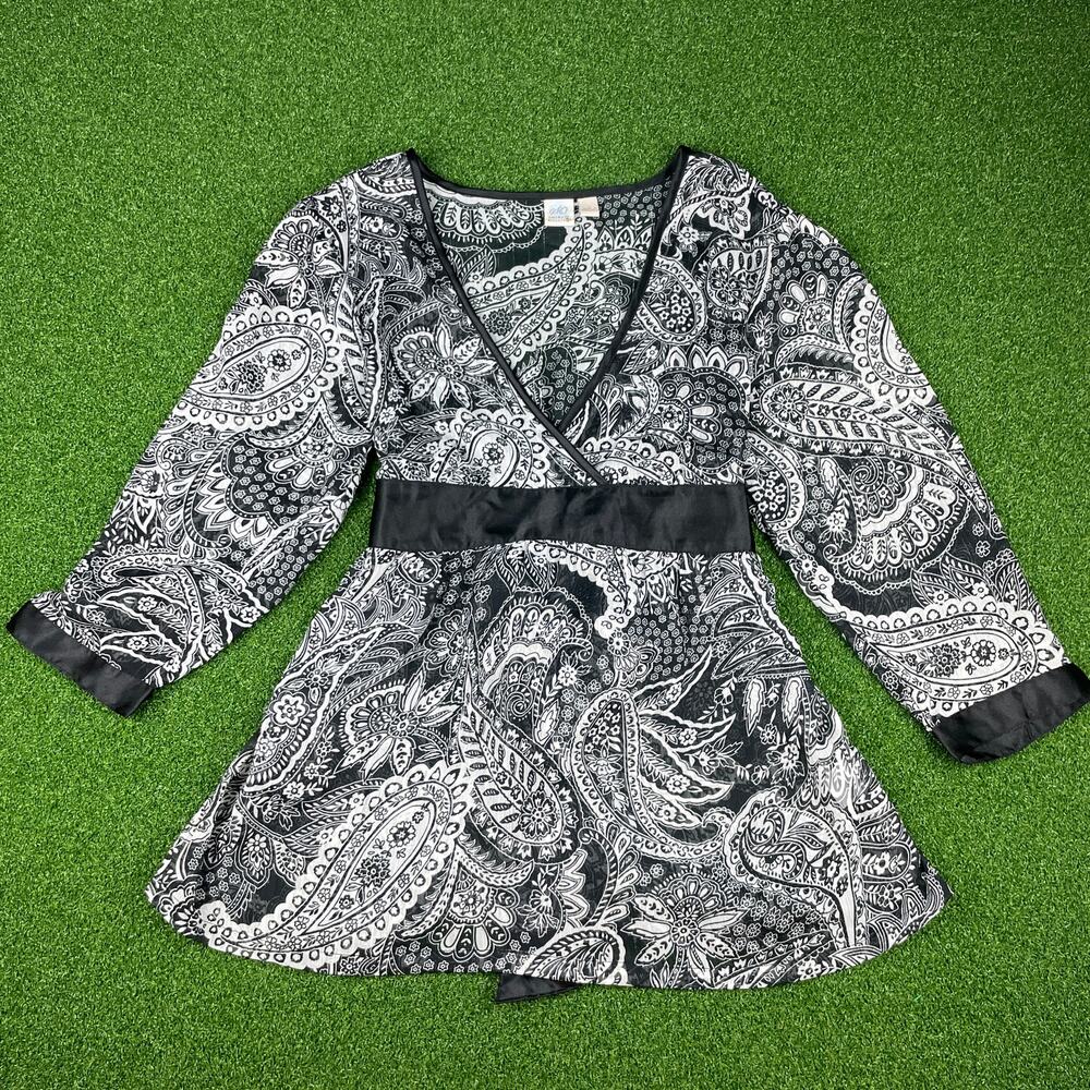 Vintage Y2K So.. Sheer Black & White Paisley Wrap Style Tie Back Top Sz L